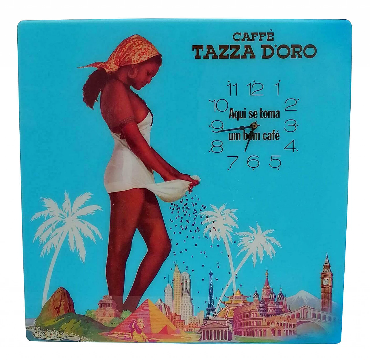 Bright advertising sign with clock of Caffè Tazza D'Oro Roma, 1970's 1168517