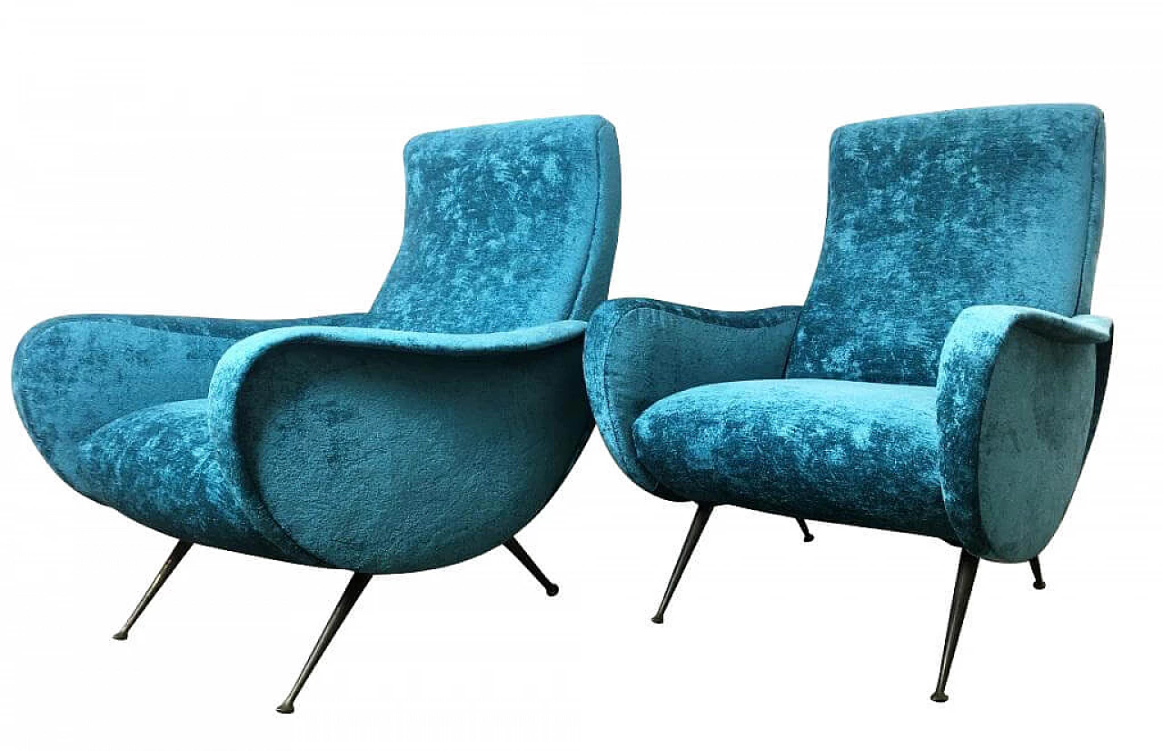 Pair of blue velvet armchairs, 50s 1168656