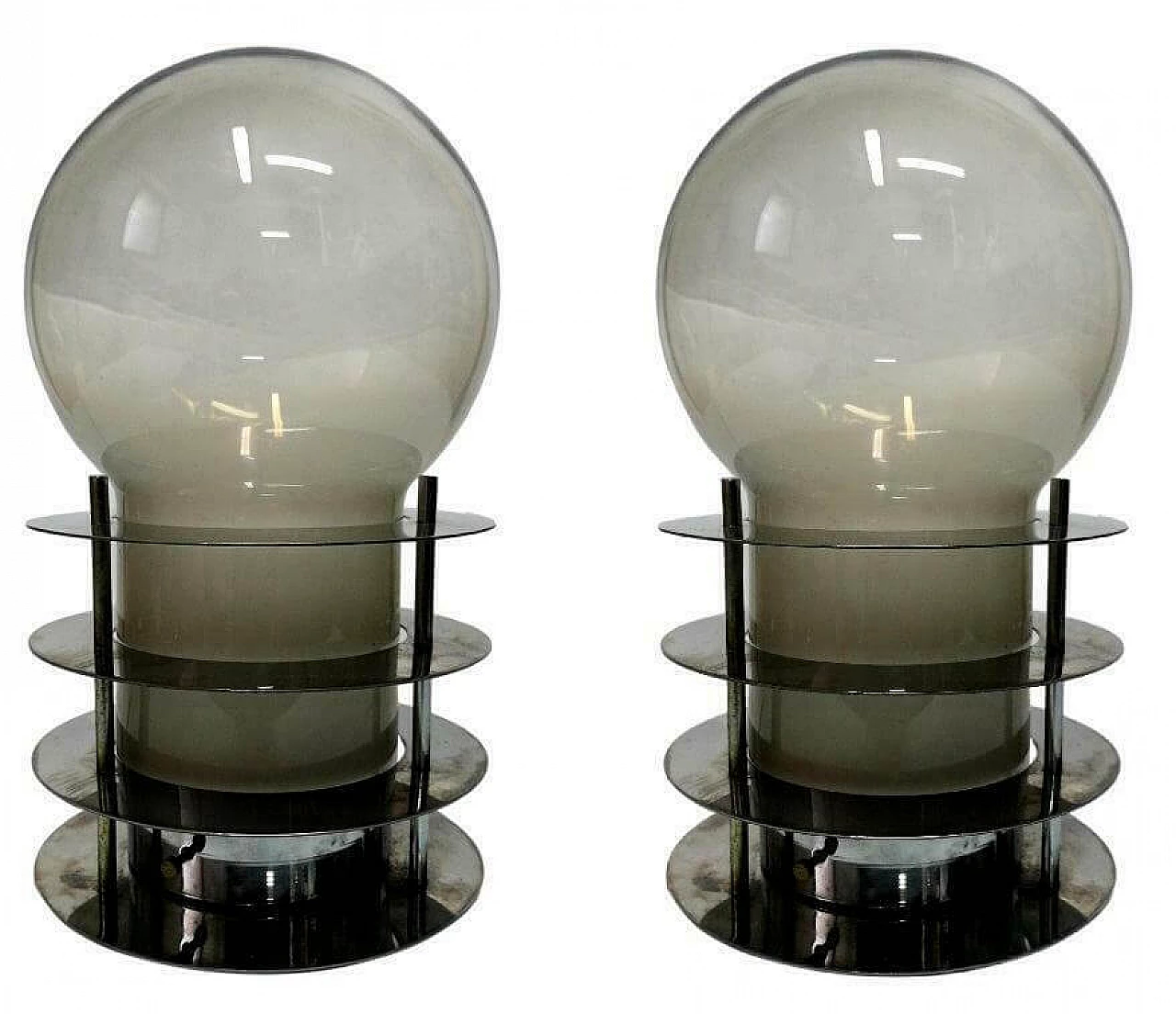Coppia di lampade da tavolo in acciaio e vetro di Tronconi, anni '70 1168896