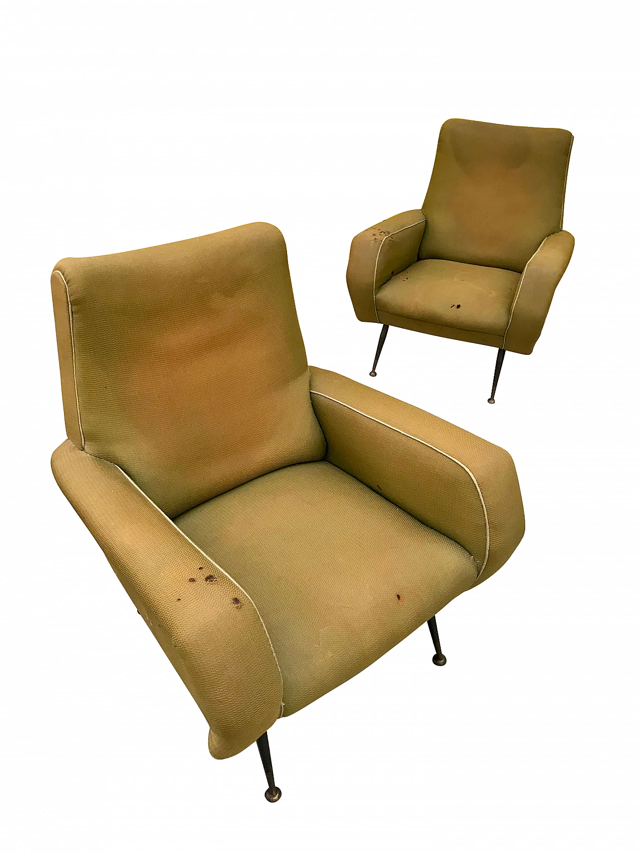 Pair of Italian armchairs with fabric seat and conical metal feet, 50s 1168925