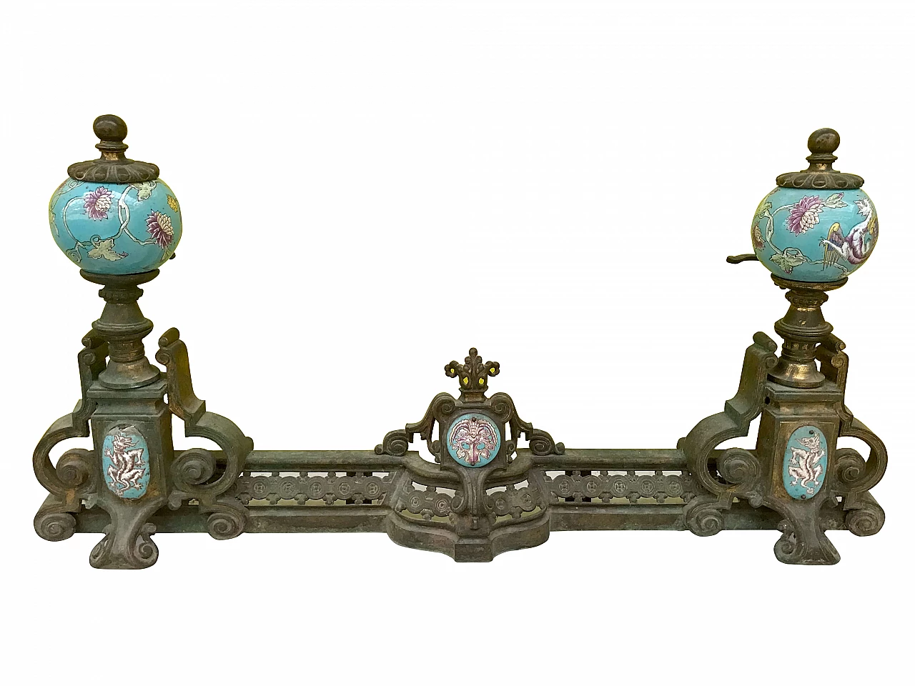 Frontal ash guard for fireplace in gilded bronze with painted glazed ceramic globes and plaques, 19th century 1169104
