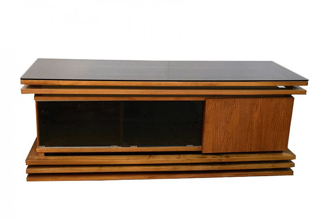 Credenza in noce con piano in vetro nero, anni '70 1169186