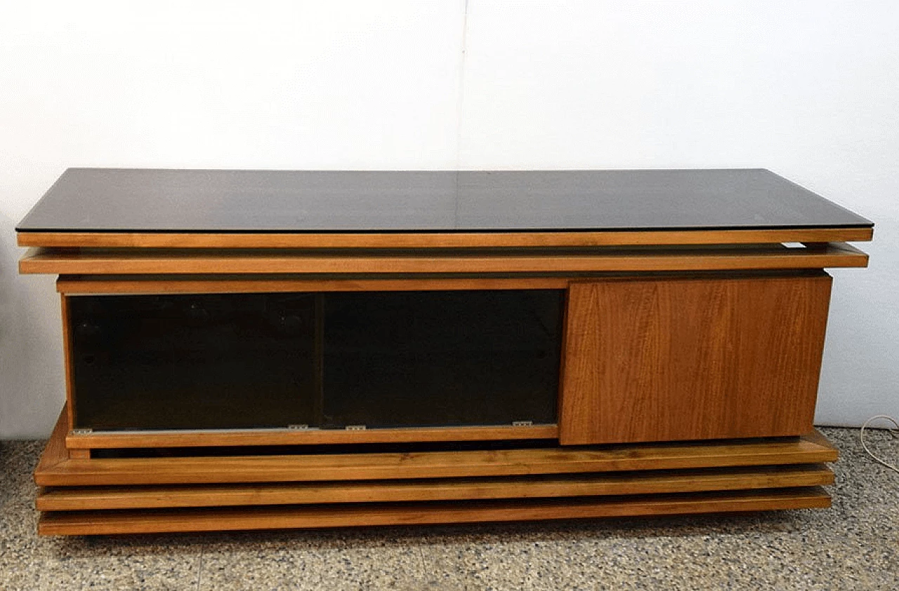 Credenza in noce con piano in vetro nero, anni '70 1169188