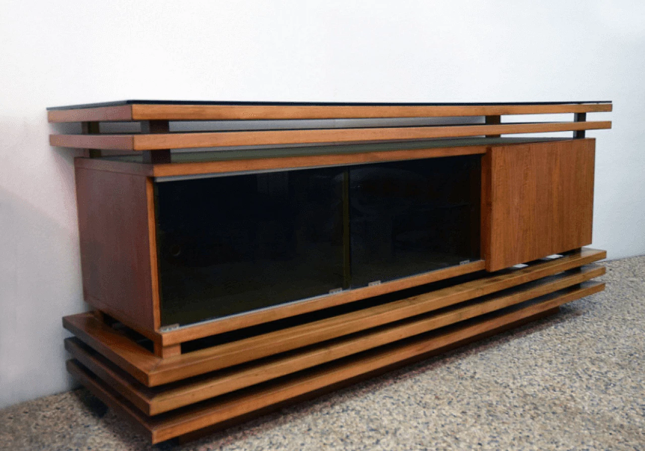 Credenza in noce con piano in vetro nero, anni '70 1169189