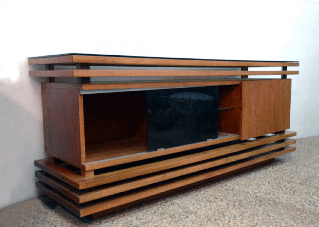 Credenza in noce con piano in vetro nero, anni '70 1169191