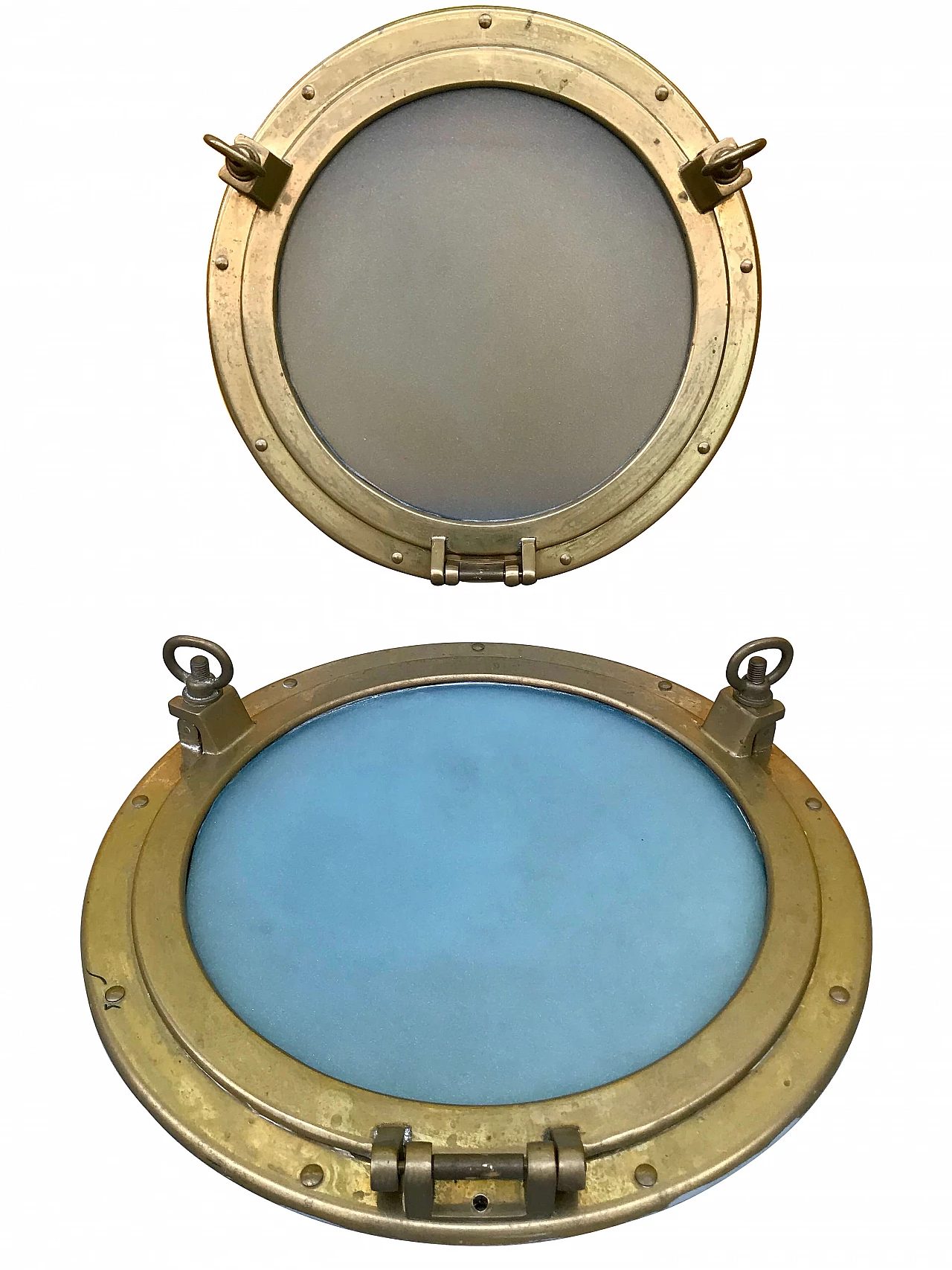 Pair of nautical ship portholes in gilded brass, 60s 1169659