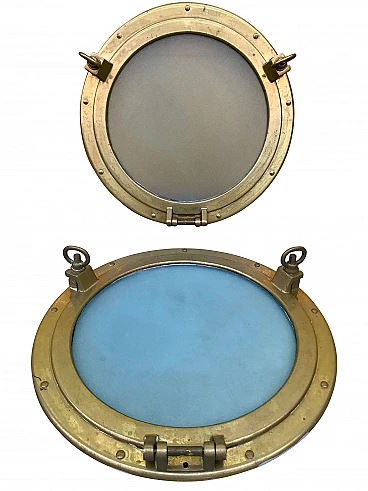 Pair of nautical ship portholes in gilded brass, 60s