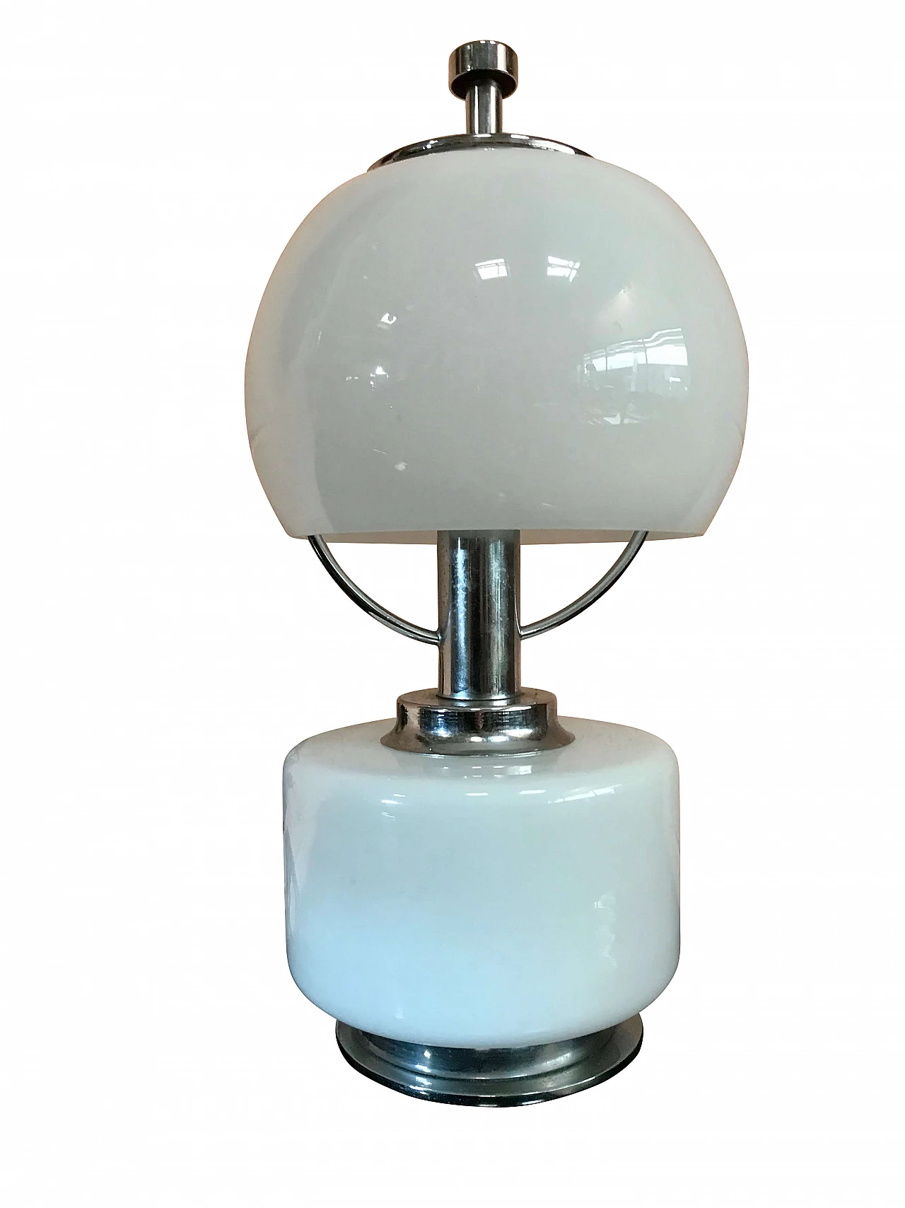 Space Age table lamp in chromed metal and white opalina glass, 70s 1169739