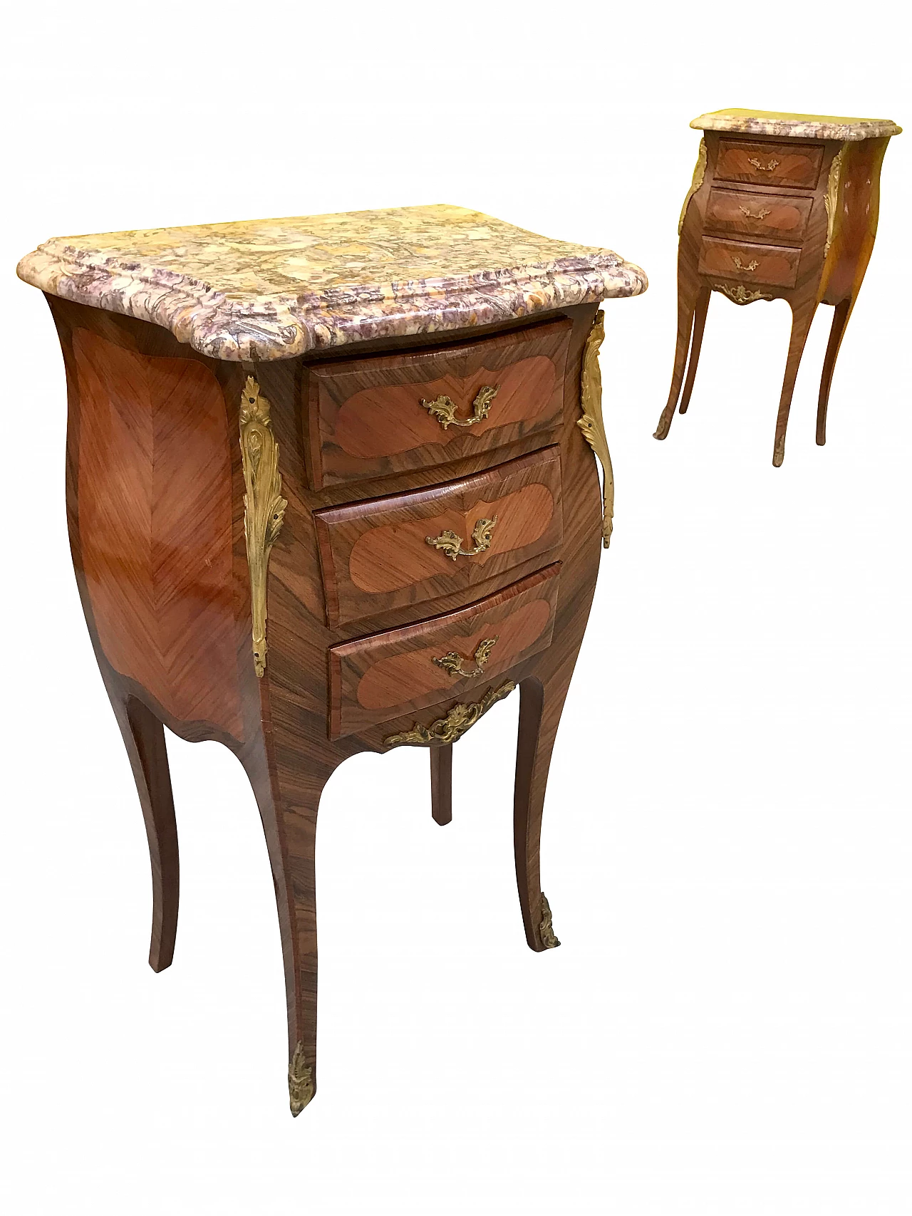Bedside tables in rosewood with gilded and screwed bronzes, top in brocatello marble, early 20th century 1170017