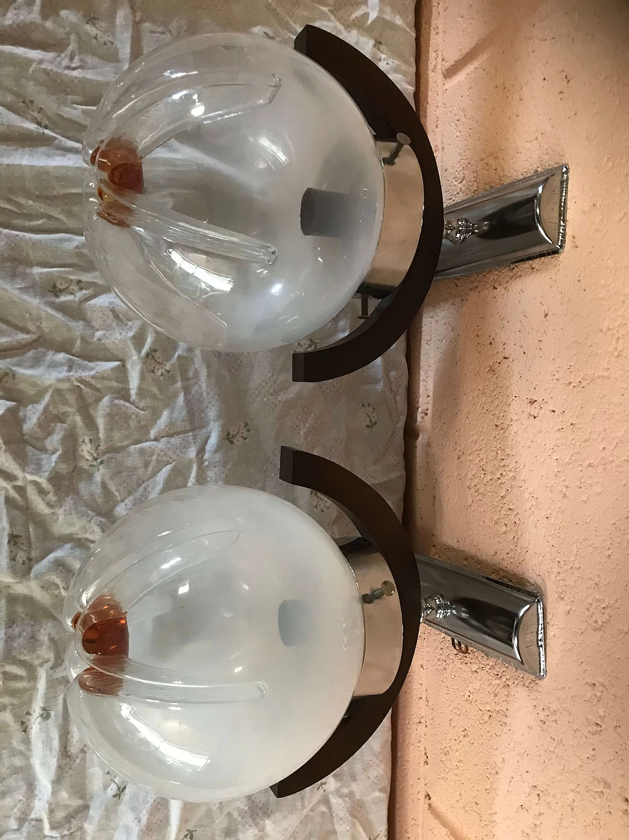 Pair of wall sconces in Murano Glass, chromed wood metal, 70's 1170695