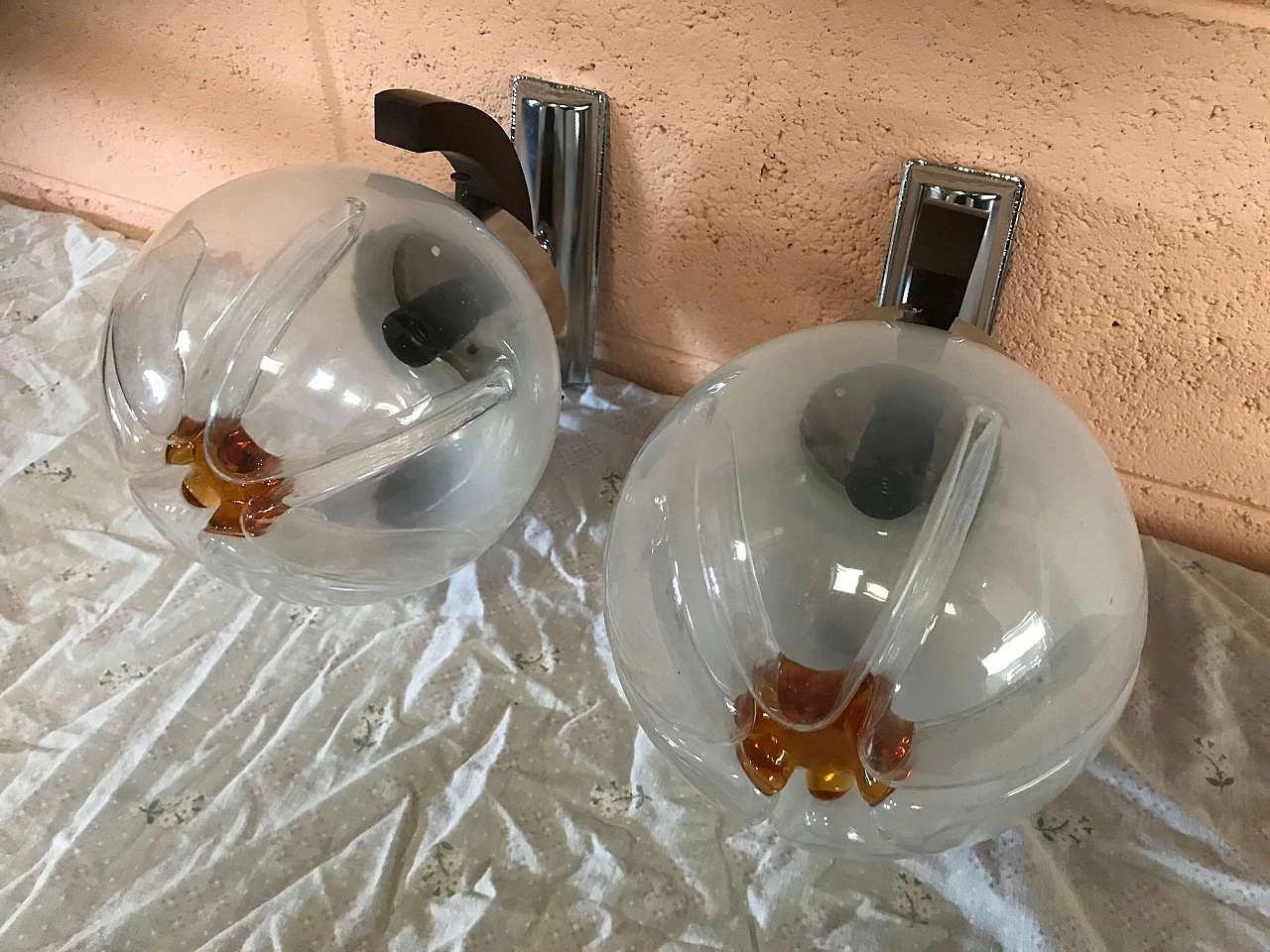 Pair of wall sconces in Murano Glass, chromed wood metal, 70's 1170696