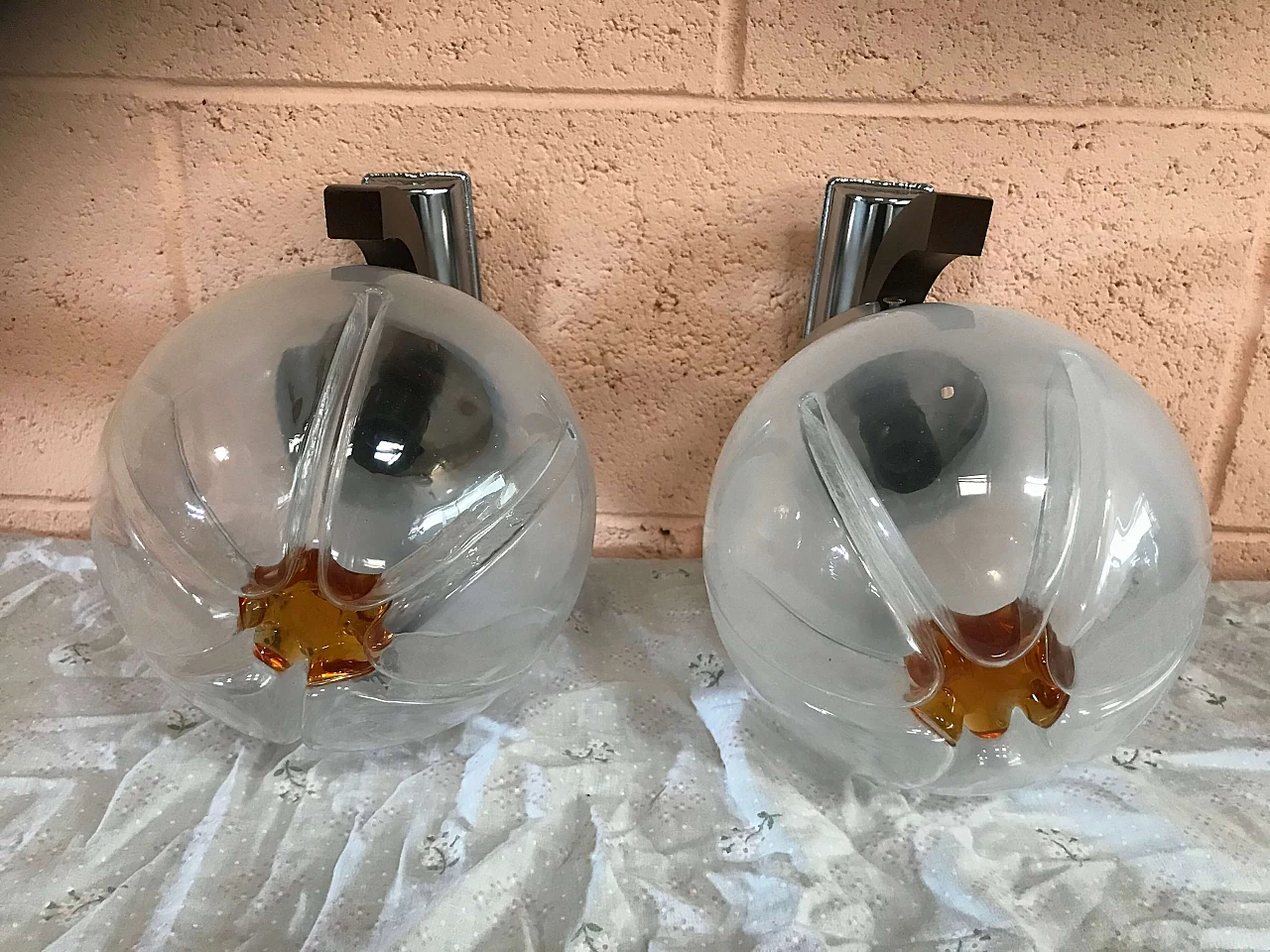 Pair of wall sconces in Murano Glass, chromed wood metal, 70's 1170697