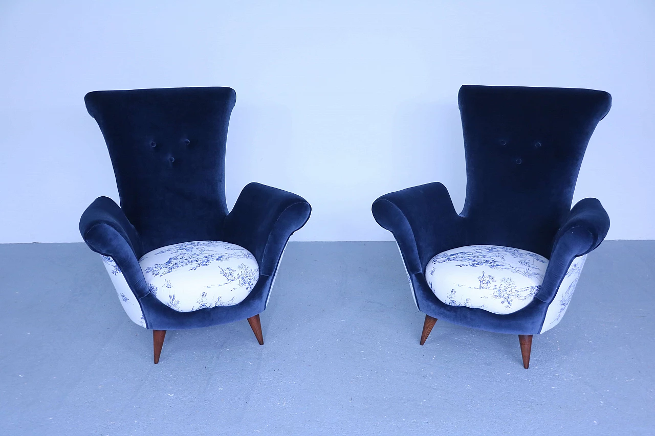 Pair of blue velvet armchairs, 50s 1171009