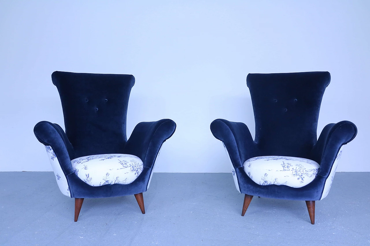 Pair of blue velvet armchairs, 50s 1171010