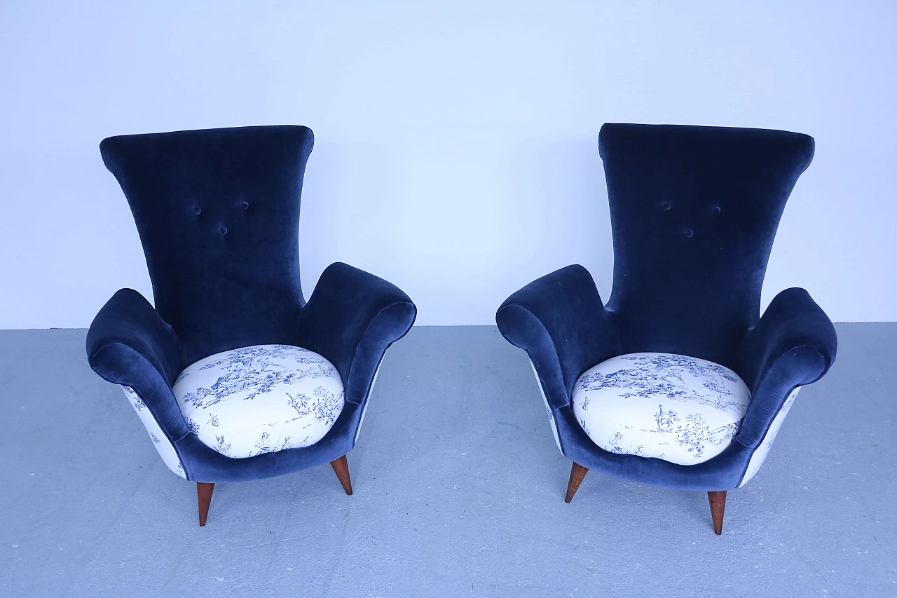 Pair of blue velvet armchairs, 50s 1171011