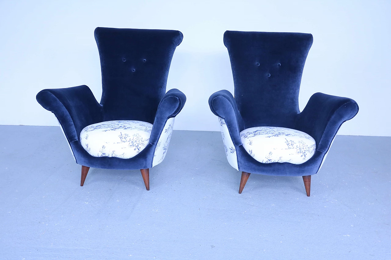 Pair of blue velvet armchairs, 50s 1171013