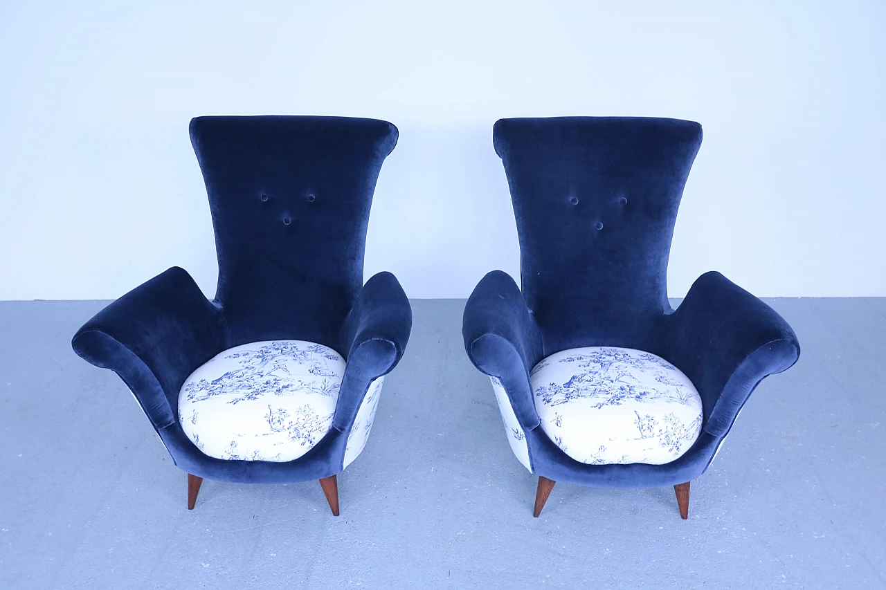 Pair of blue velvet armchairs, 50s 1171014