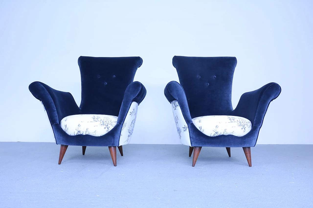 Pair of blue velvet armchairs, 50s 1171015