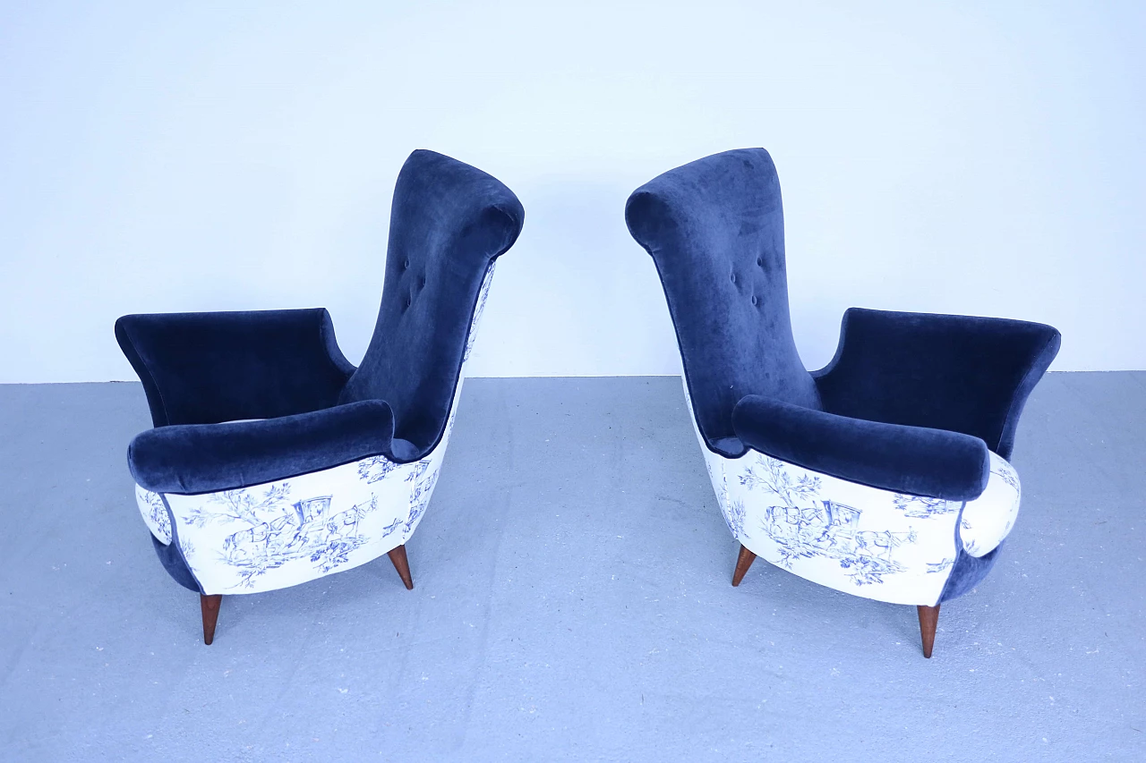 Pair of blue velvet armchairs, 50s 1171017