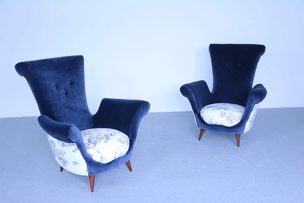 Pair of blue velvet armchairs, 50s 1171024