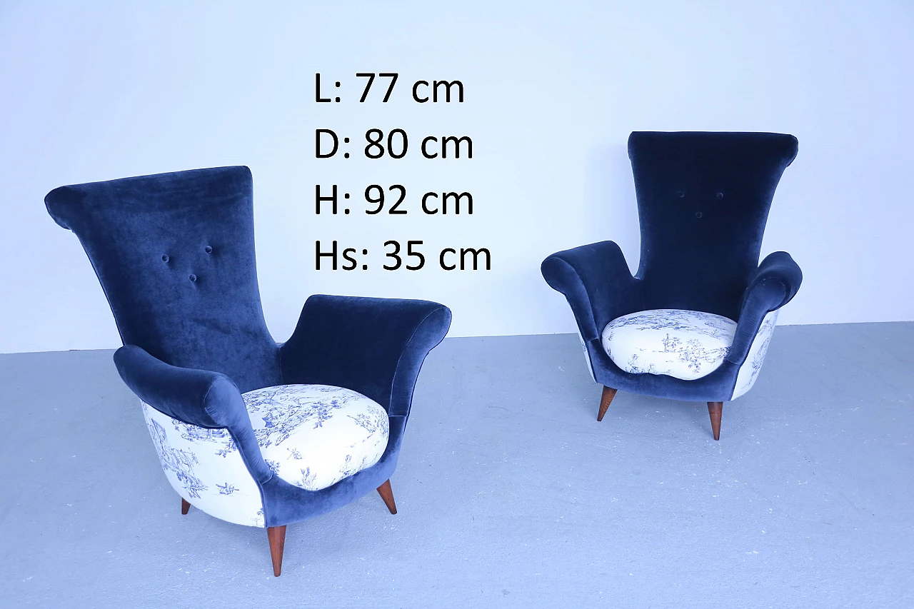 Pair of blue velvet armchairs, 50s 1171025