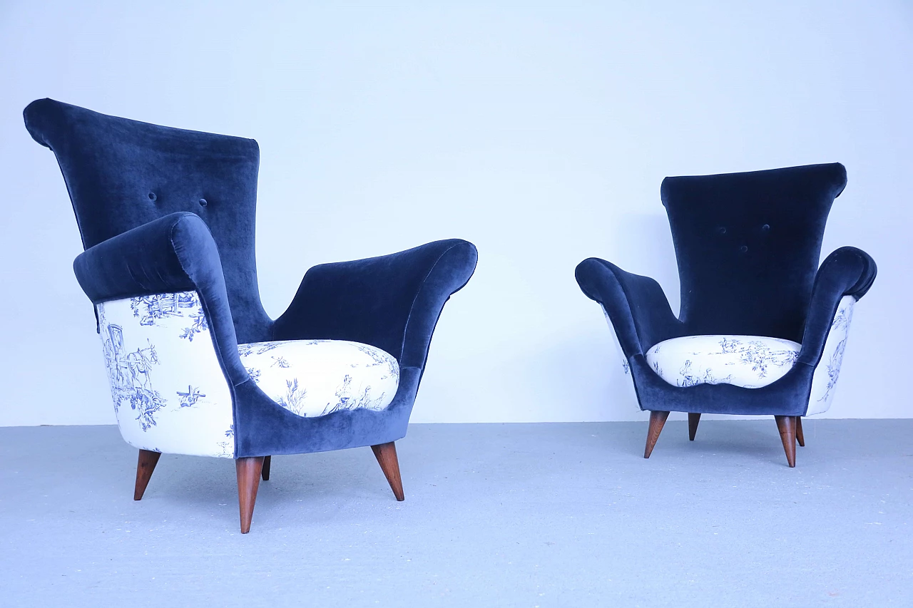 Pair of blue velvet armchairs, 50s 1171026