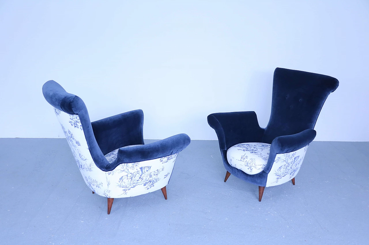 Pair of blue velvet armchairs, 50s 1171027