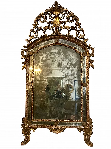 Piedmontese gilded mirror in Louis XVI style, mercury mirror with reserves, end of the 19th century