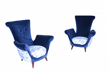 Pair of blue velvet armchairs, 50s