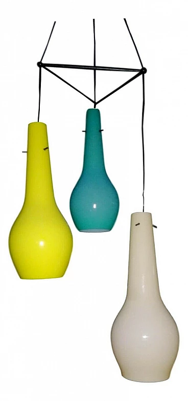 Three-light chandelier with colored Murano glass by Gino Vistosi, 1950s