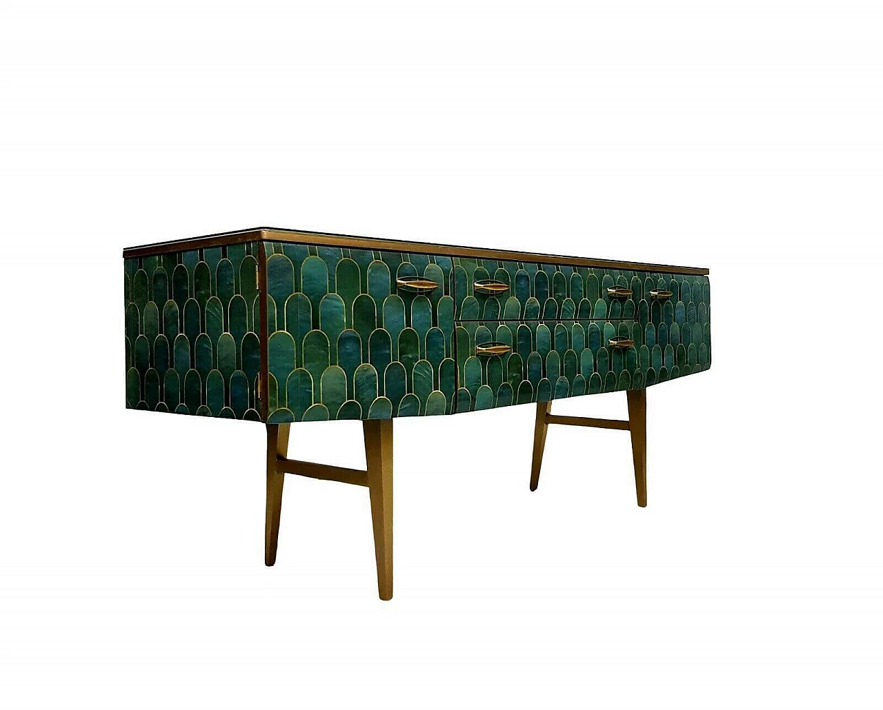 Credenza di Meredew con carta decoupage Bethan Gray oro e verde, anni '60 1172408