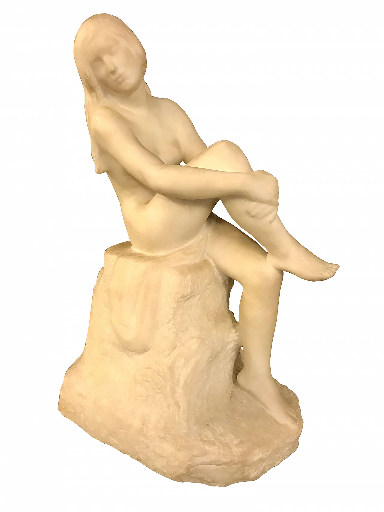 Scultura in marmo bianco di Carrara Nudo di Donna seduta firmata, originale fine '800 1172693