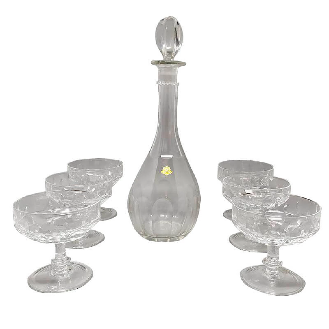 Decanter in cristallo con 6 bicchieri di cristallo, anni '60 1173904