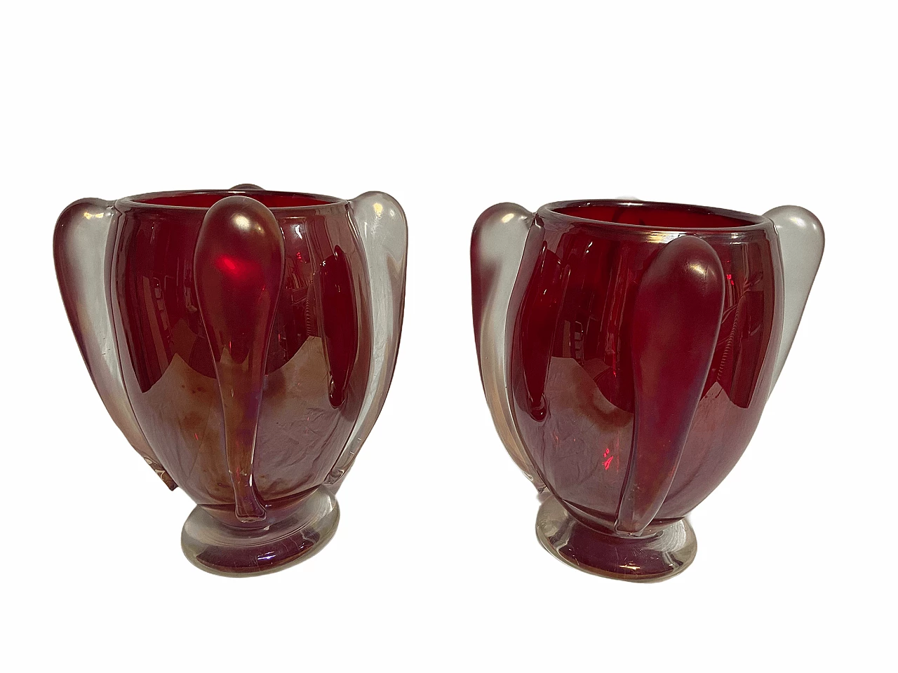 Rare pair of large Costantini red Murano glass vases, 70s 1174953