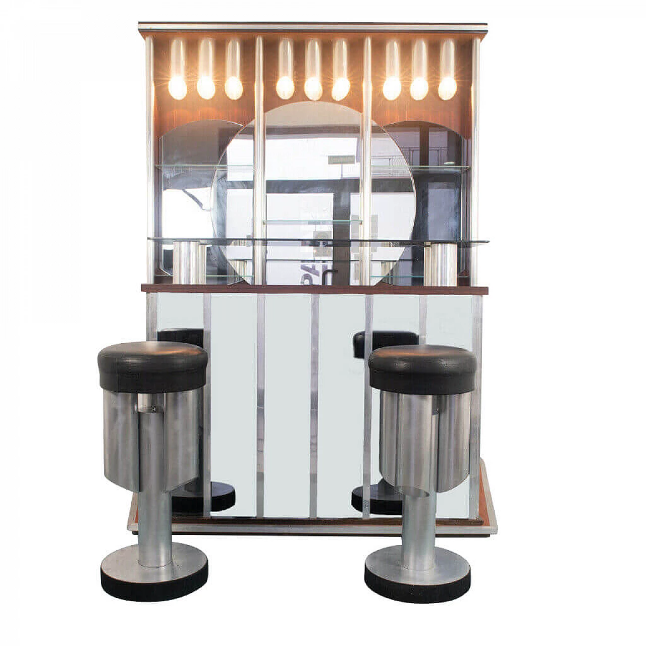 Bar cabinet in steel and wood with pair of stools, 70s 1176093
