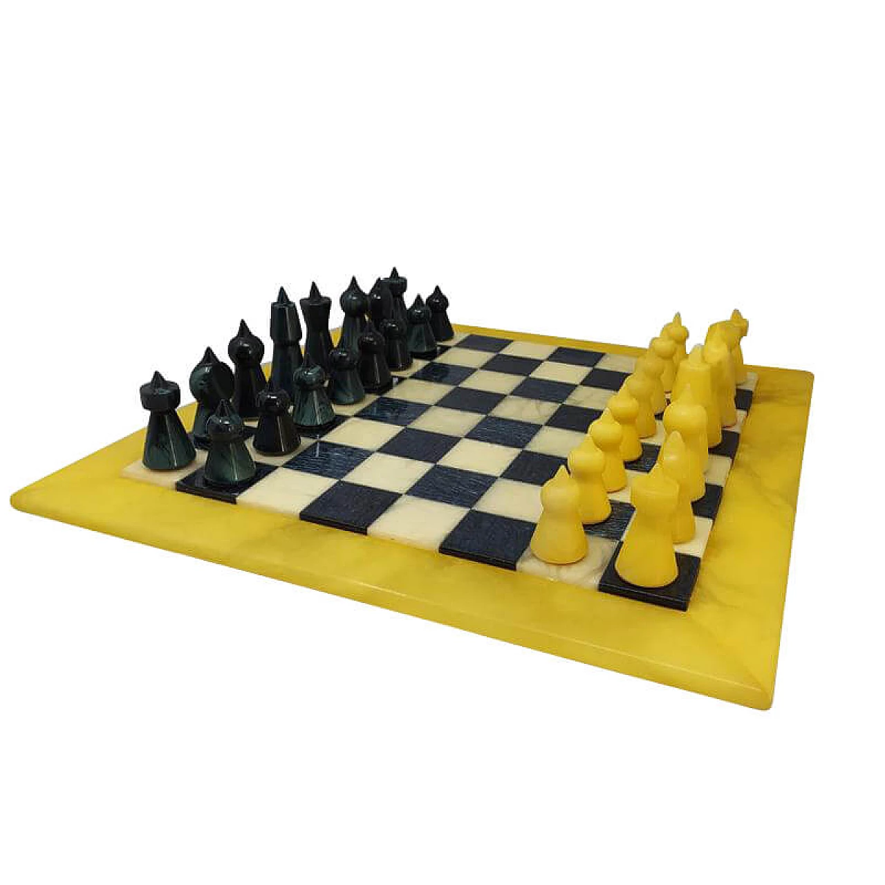 Set di Scacchi di Chiellini, blu e beige in alabastro di Volterra, anni '60 1176280