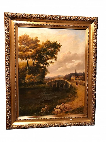 Oil painting on canvas with bucolic landscape, '800