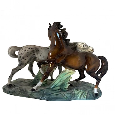 Scultura in ceramica di 2 cavalli di Ronzan, anni '40