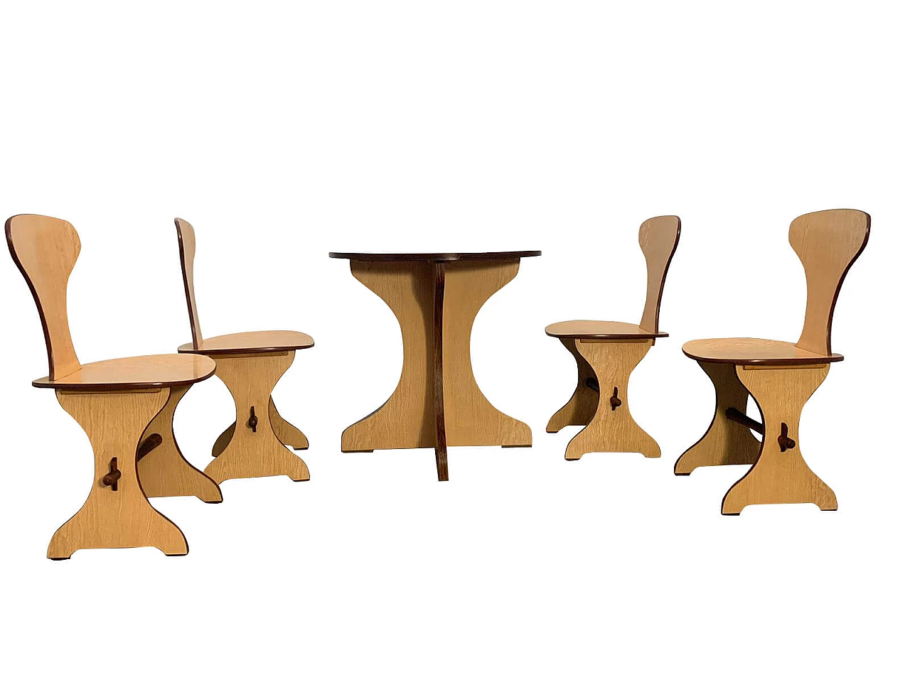 Tavolo e sedie in multistrato di faggio e rovere, di Pedini Fano, anni '60 1176591