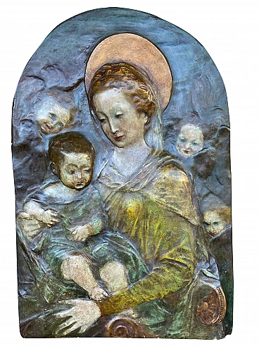 Scultura in terracotta policroma di Madonna con bambino, '800