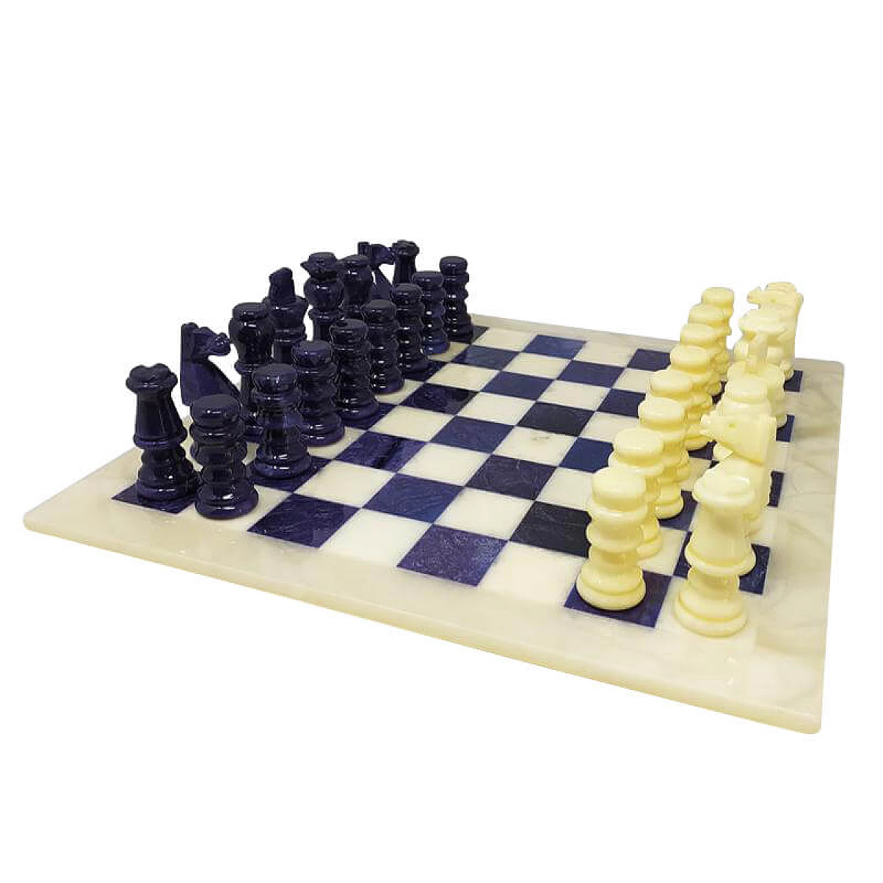 Handmade blue and beige chess set in Volterra alabaster, 70s 1176735