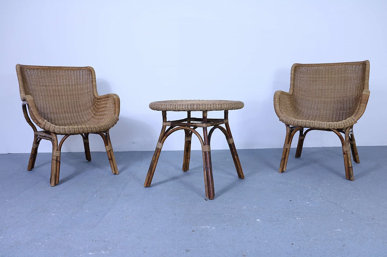 Set of 2 wicker armchairs and 1 coffee table, 50s 1177397