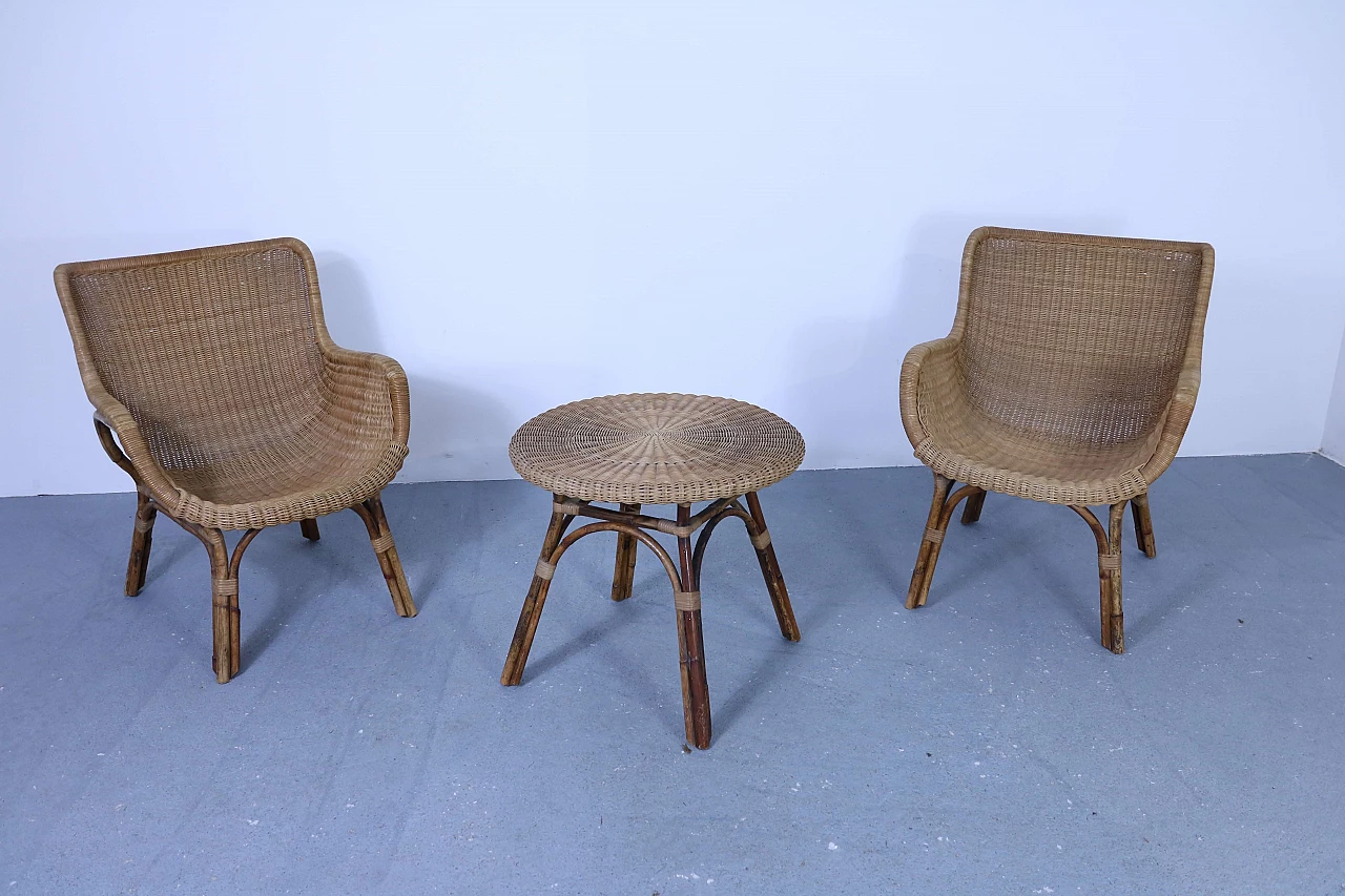 Set of 2 wicker armchairs and 1 coffee table, 50s 1177398