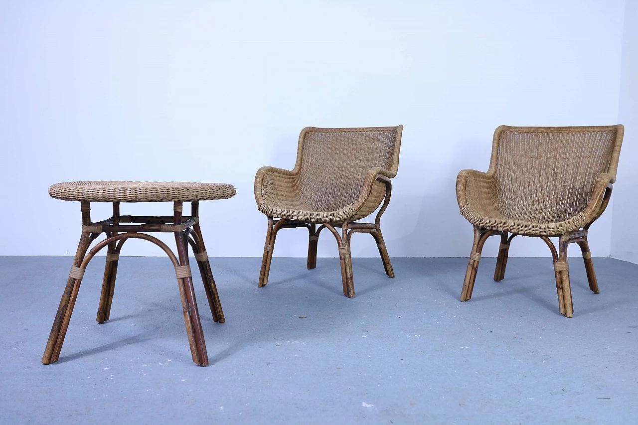 Set of 2 wicker armchairs and 1 coffee table, 50s 1177399