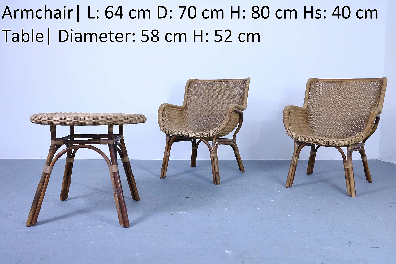 Set of 2 wicker armchairs and 1 coffee table, 50s 1177400