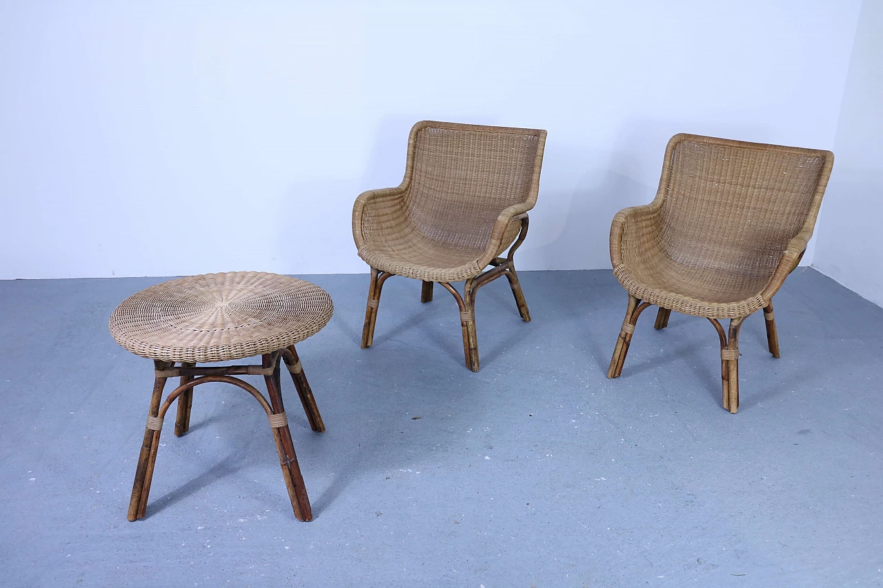 Set of 2 wicker armchairs and 1 coffee table, 50s 1177401