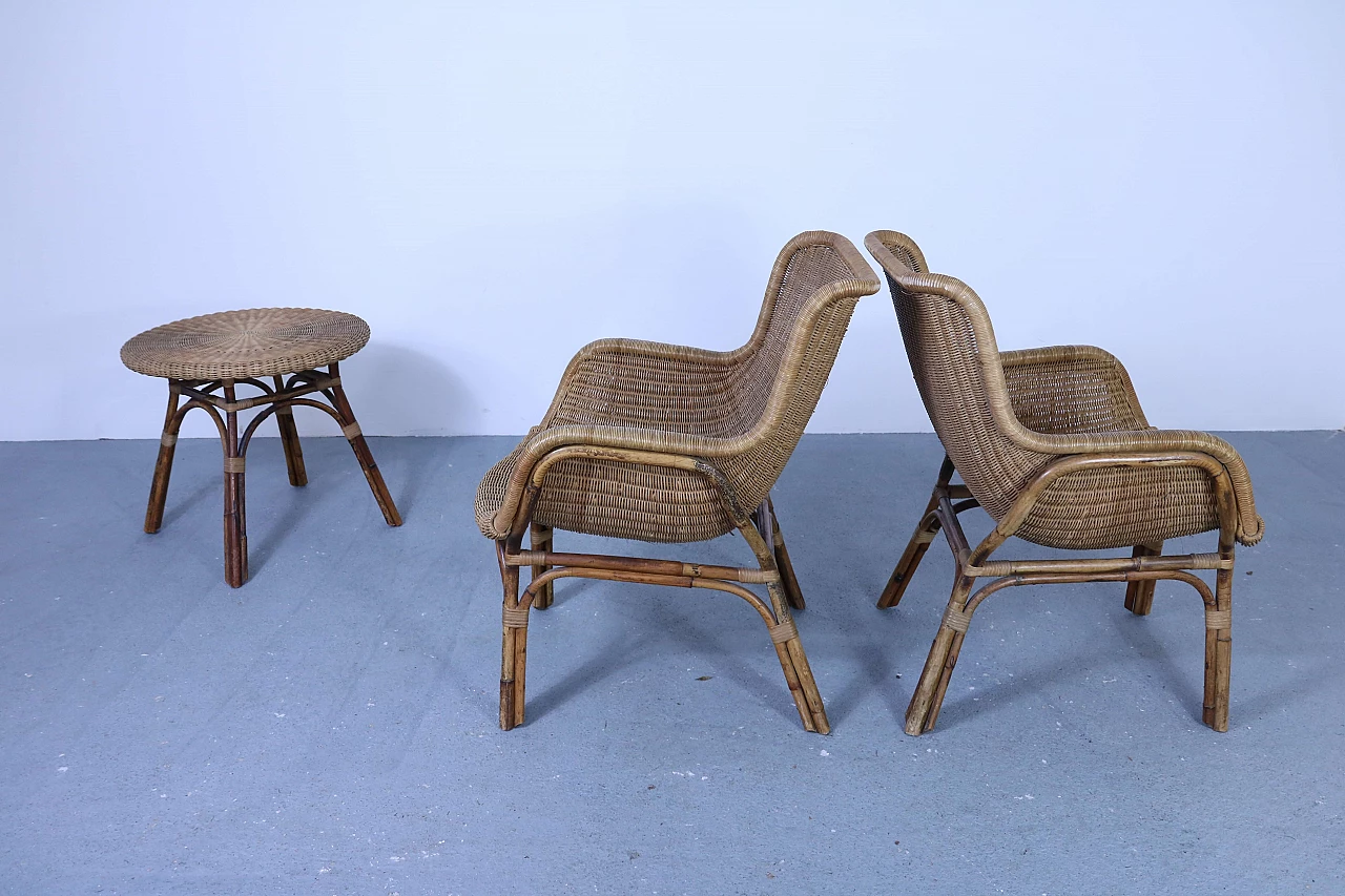 Set of 2 wicker armchairs and 1 coffee table, 50s 1177402