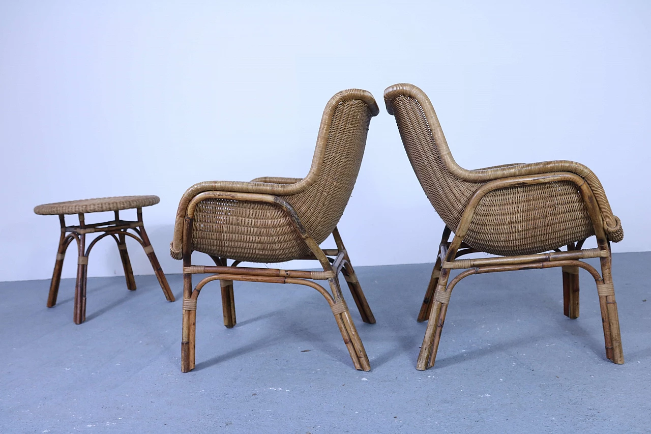 Set of 2 wicker armchairs and 1 coffee table, 50s 1177403