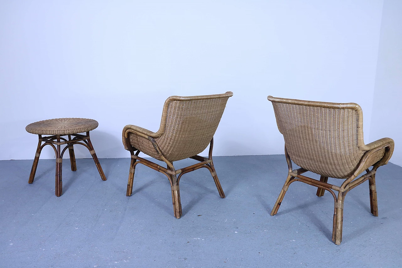 Set of 2 wicker armchairs and 1 coffee table, 50s 1177404