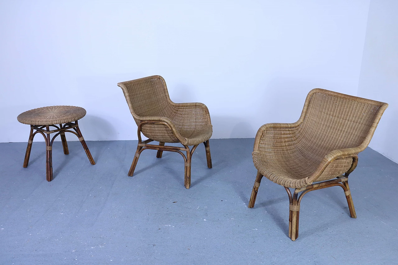 Set of 2 wicker armchairs and 1 coffee table, 50s 1177405